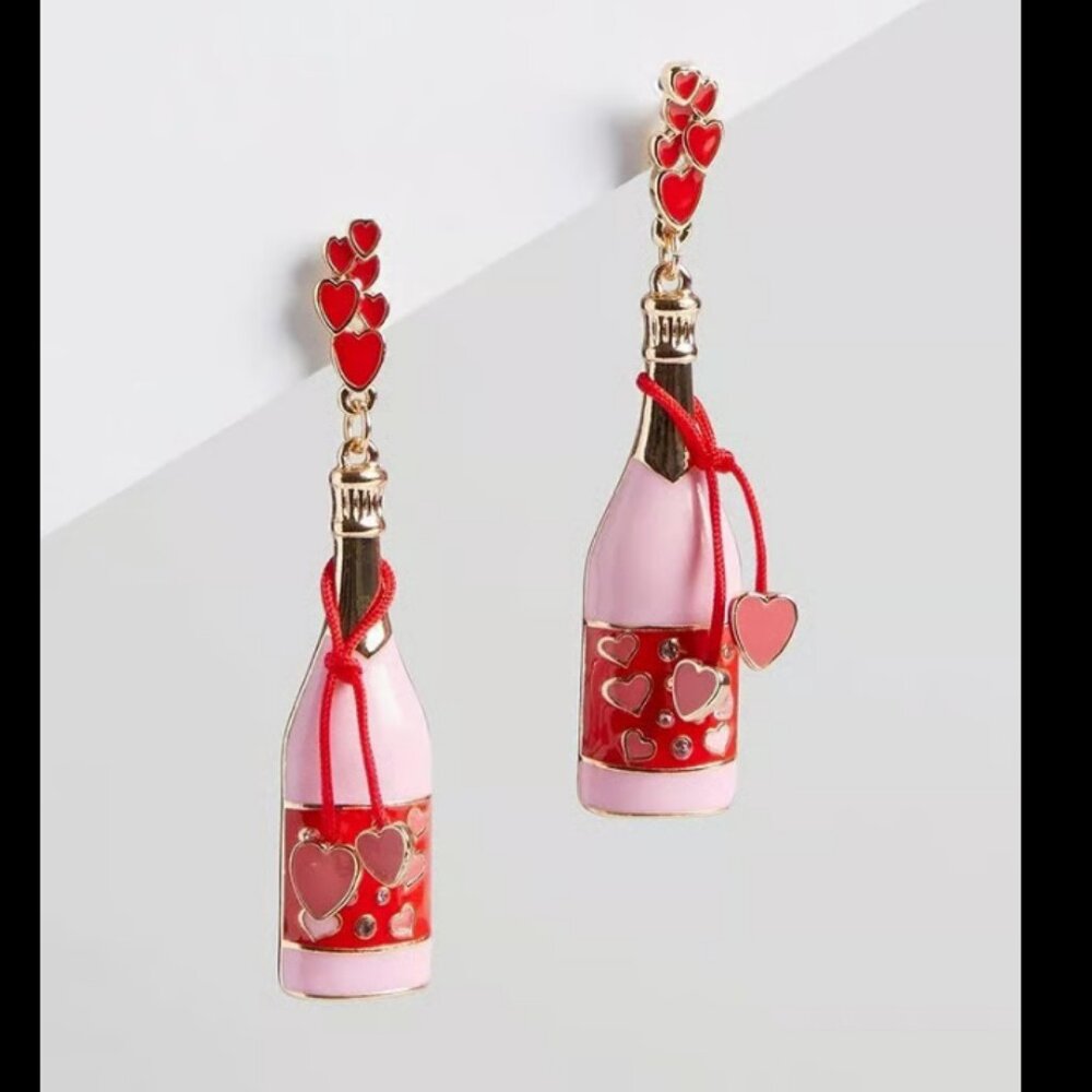 Champagne Wine Earrings Valentines Heart Bubbly Earrings, Pink Red Dangle Gold